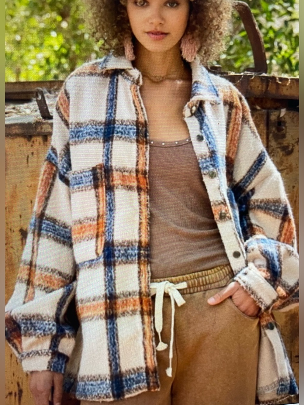POL Courtney Rust Blue Tan Plaid Wool Look Trucker Shacket Jacket Oversized